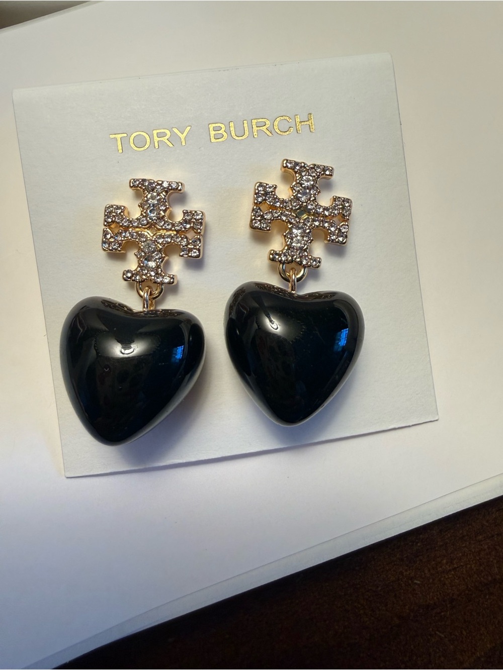Tory Burch Gold-Tone Crystal Logo Heart Drop Earrings with Black Hearts